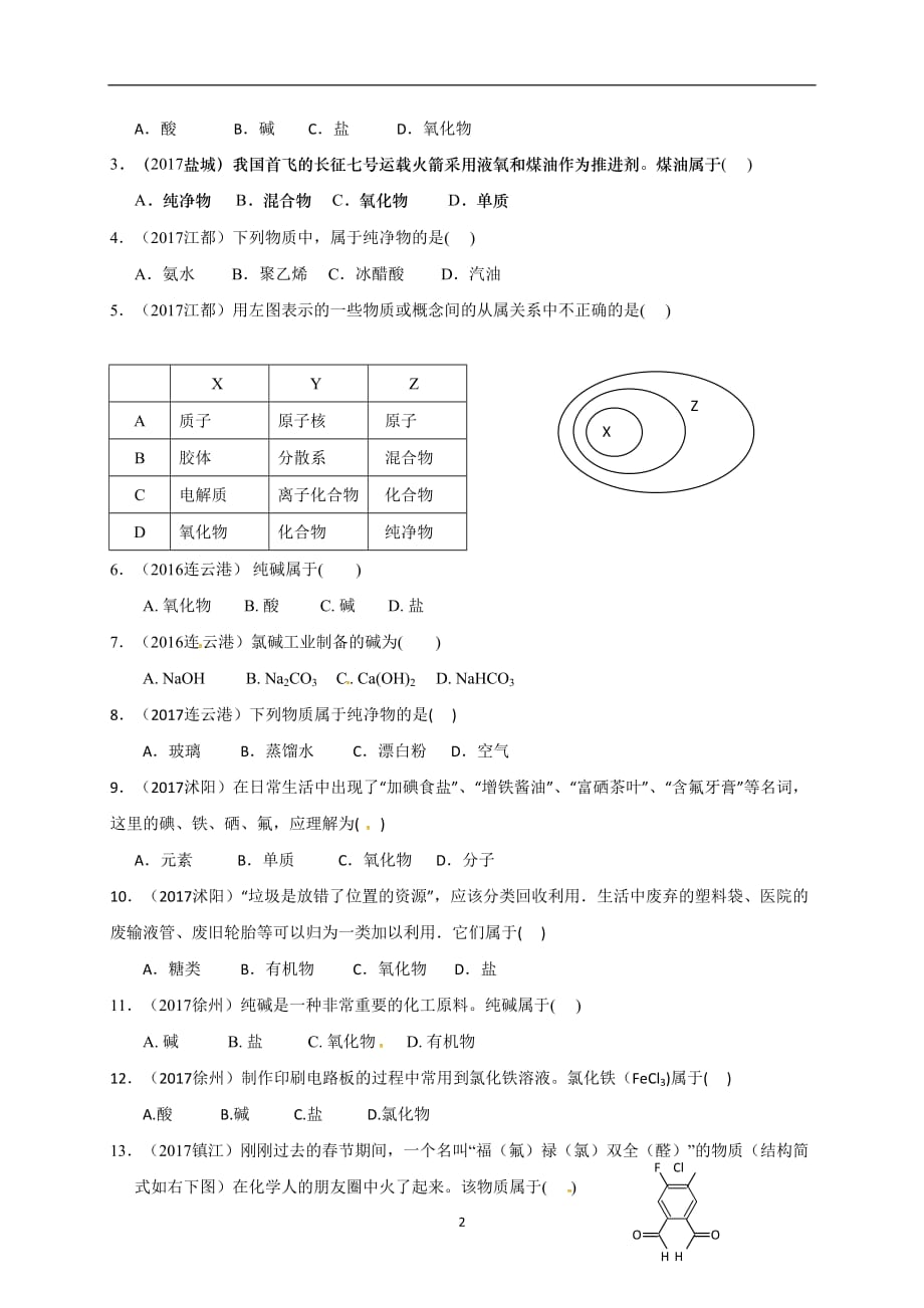 江苏省盐城市时杨中学2018届高三化学专题复习试题：专题2——物质的分类_7553664.doc_第2页