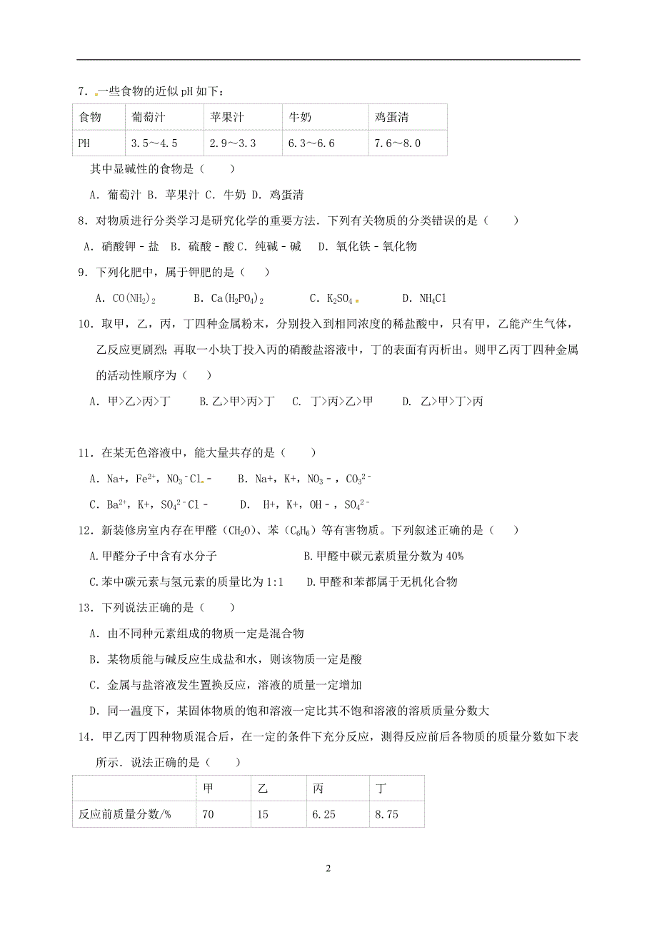 辽宁省营口市2017届九年级下学期第一次模拟考试化学试题_6294498.doc_第2页