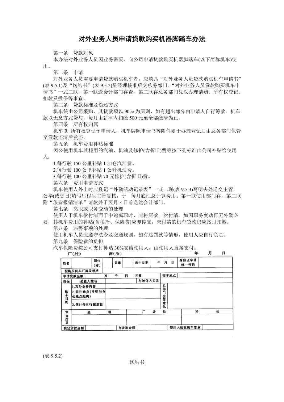 （业务管理）对外业务人员申请贷款购买机器脚踏车办法_第1页