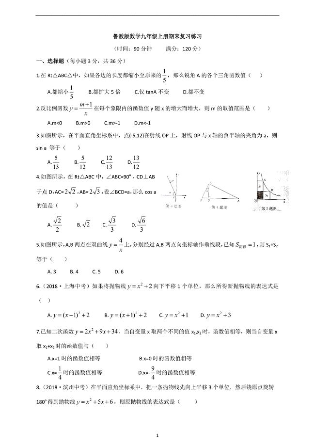 鲁教版（五四制）数学九年级上册期末复习练习_9430497.doc