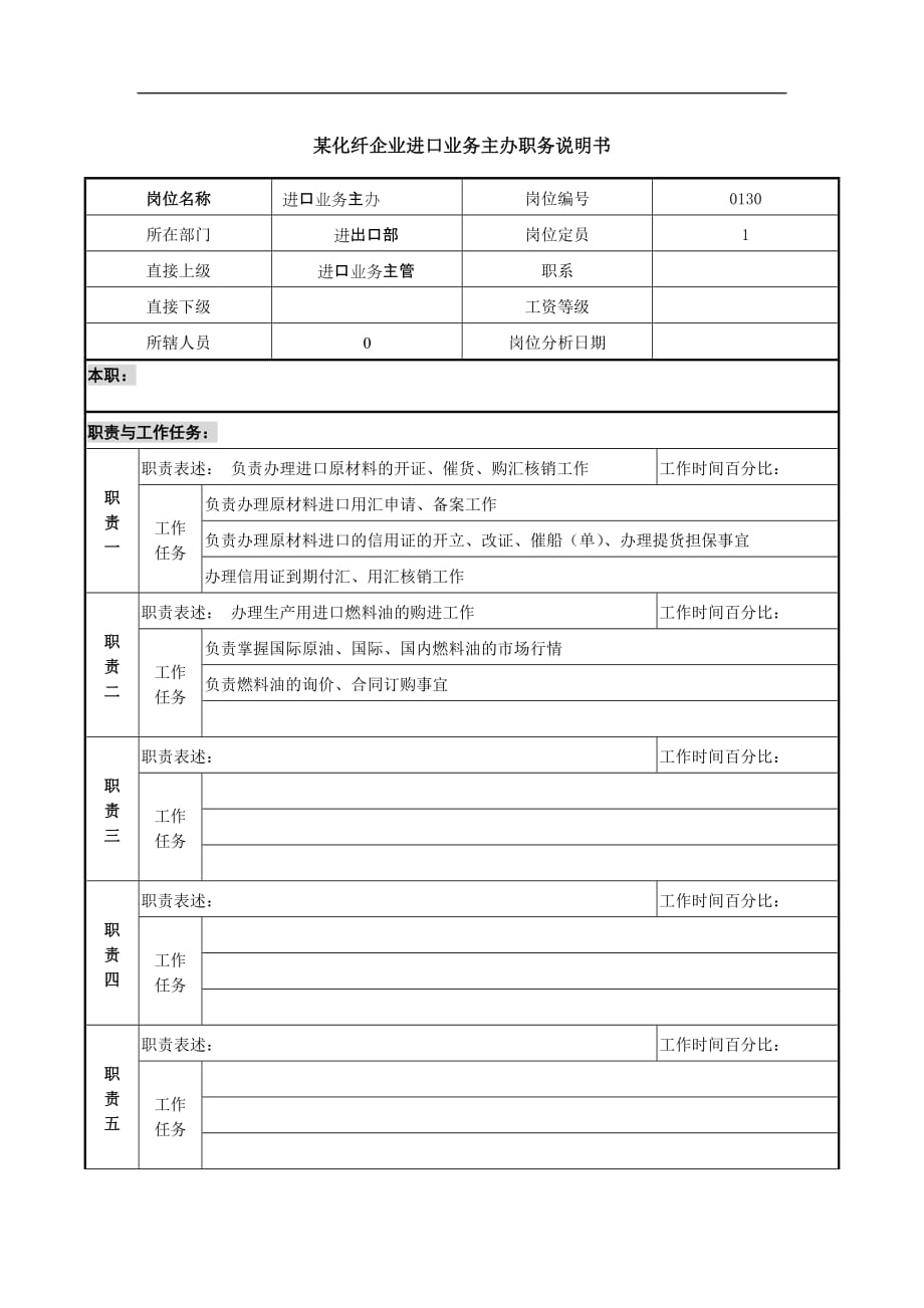 （业务管理）某化纤企业进口业务主办职务说明书_第1页