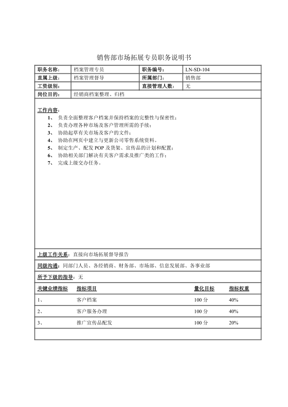 （营销人员管理）销售部市场拓展专员职务说明书_第1页