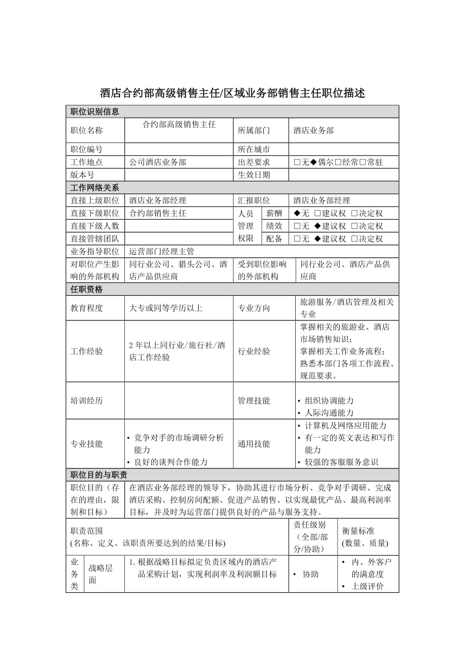 （业务管理）合约部高级主任区域业务部销售主任岗位说明书_第1页