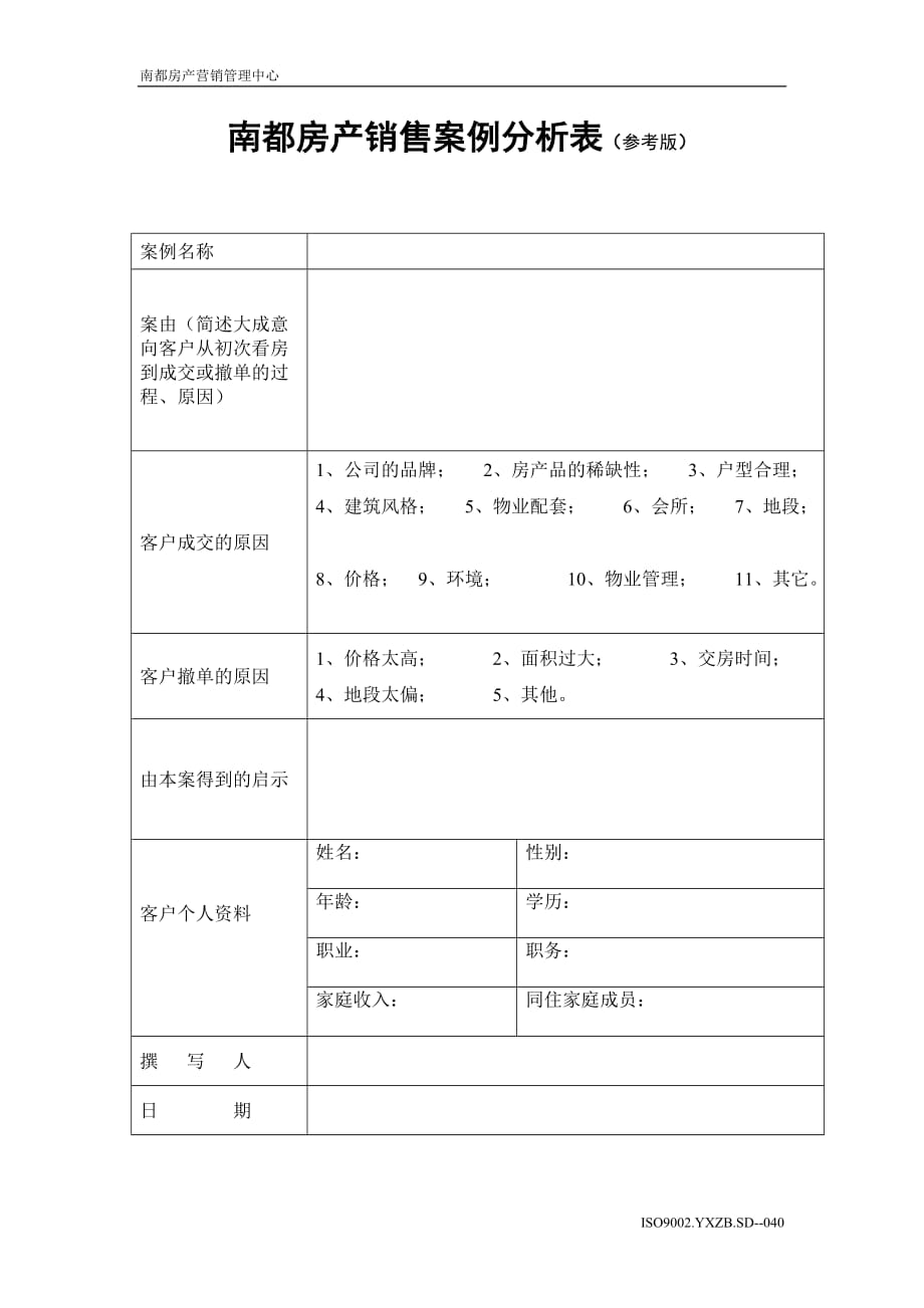 （营销案例）（040)南都房产销售案例分析表（参考版）_第1页