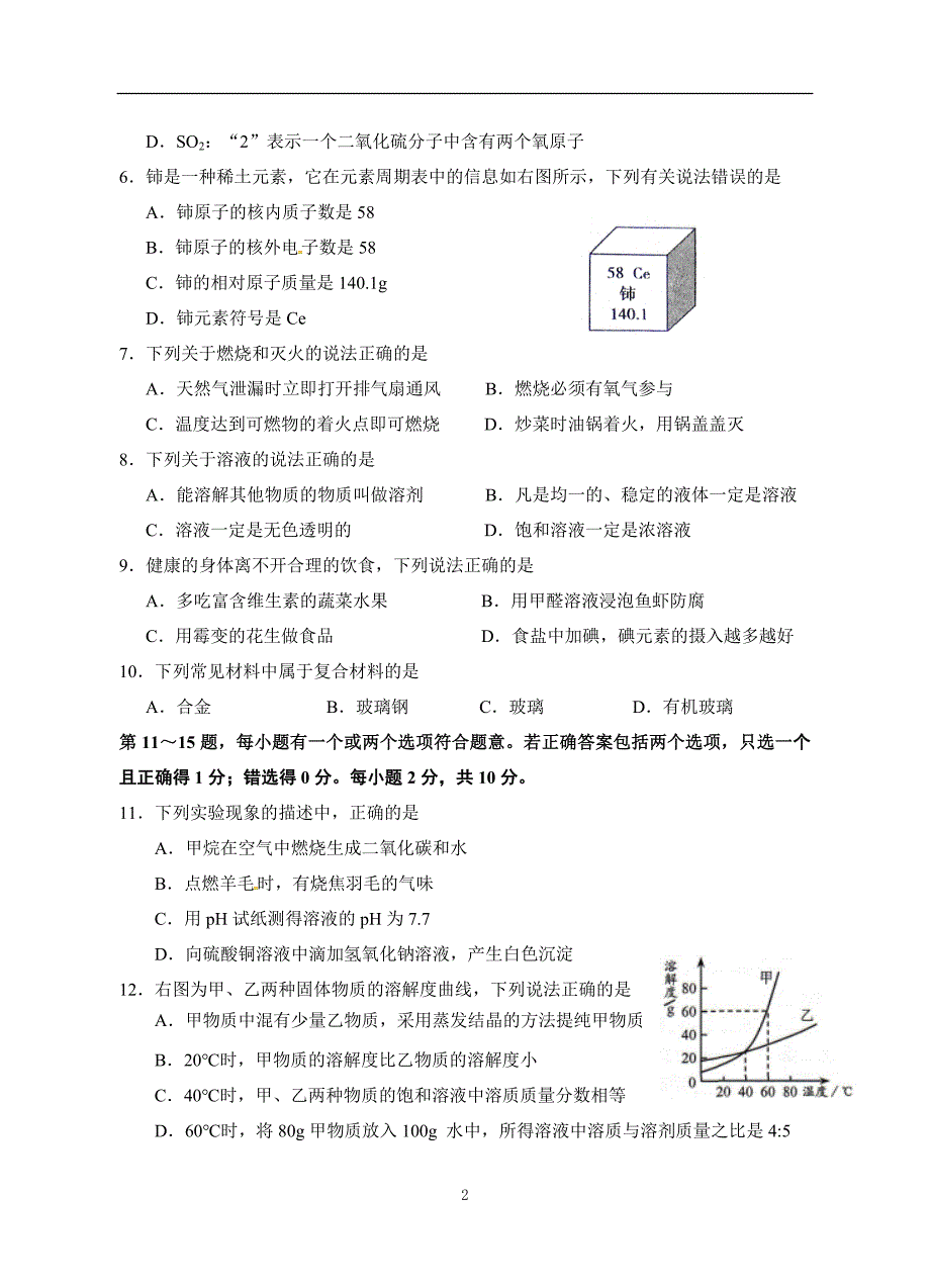 江苏省兴化市2018届九年级下学期第二次模拟（网上阅卷适应性训练）化学试题_7926330.doc_第2页