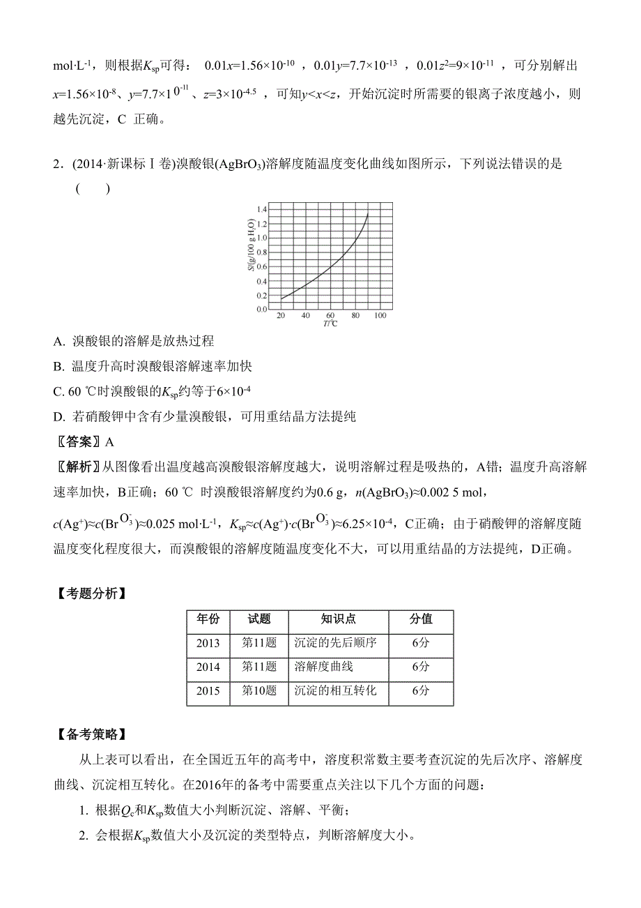 高考化学二轮复习配套文档：第九单元 溶度积常数(有答案）_第2页