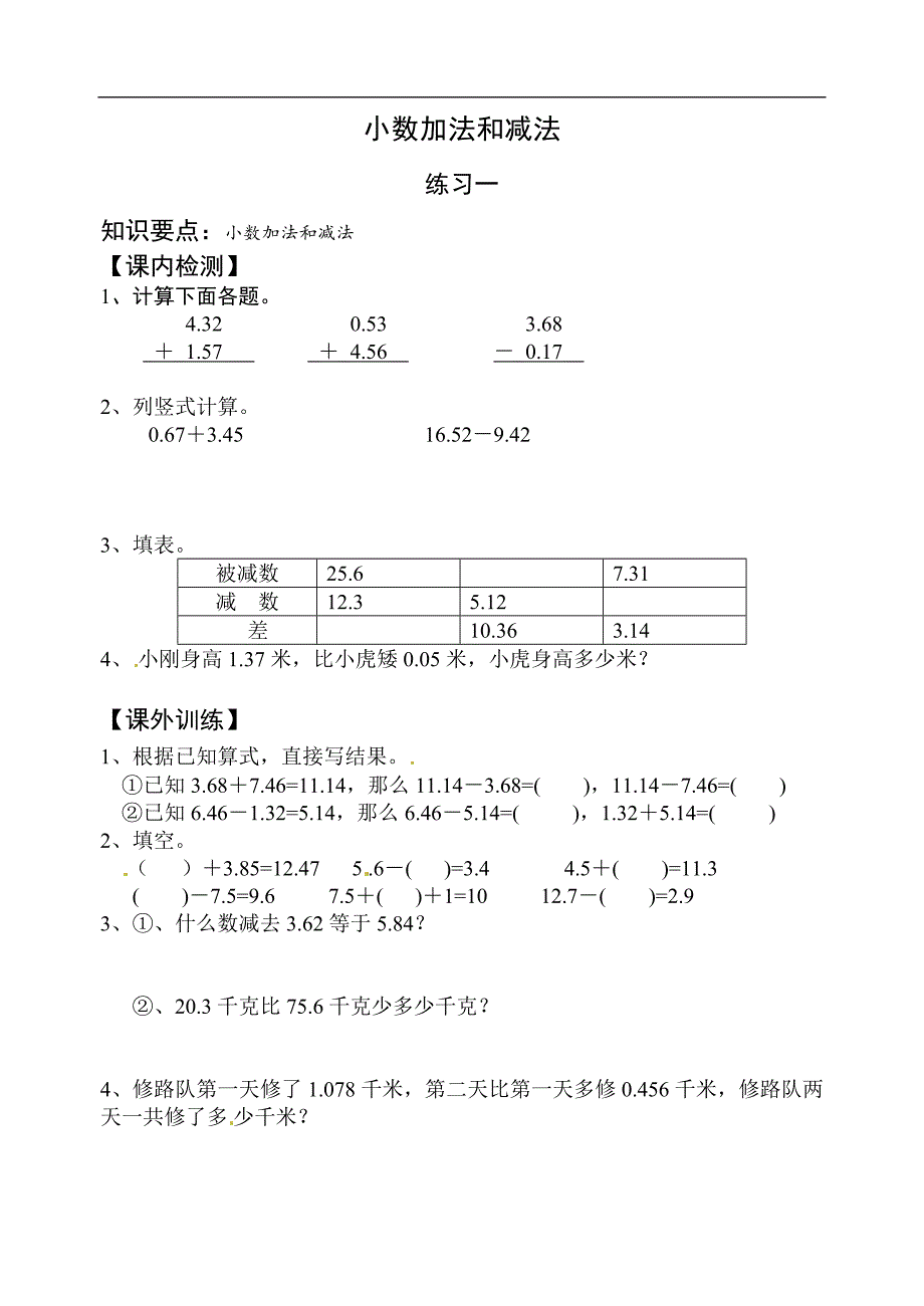 五年级上数学单元检测小数加法和减法苏教版_第1页