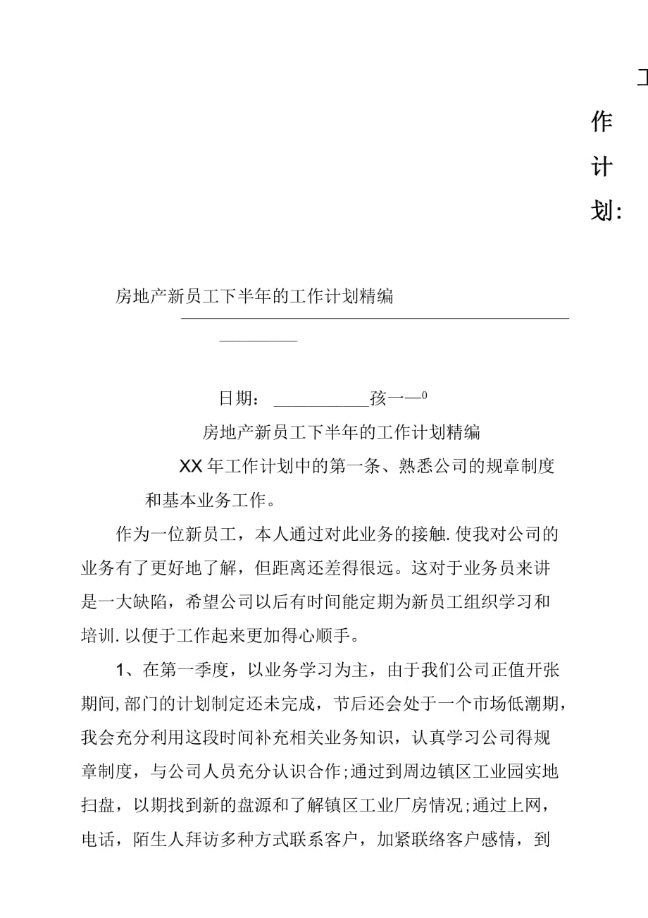 房地产新员工下半年的工作计划方案精编_第1页