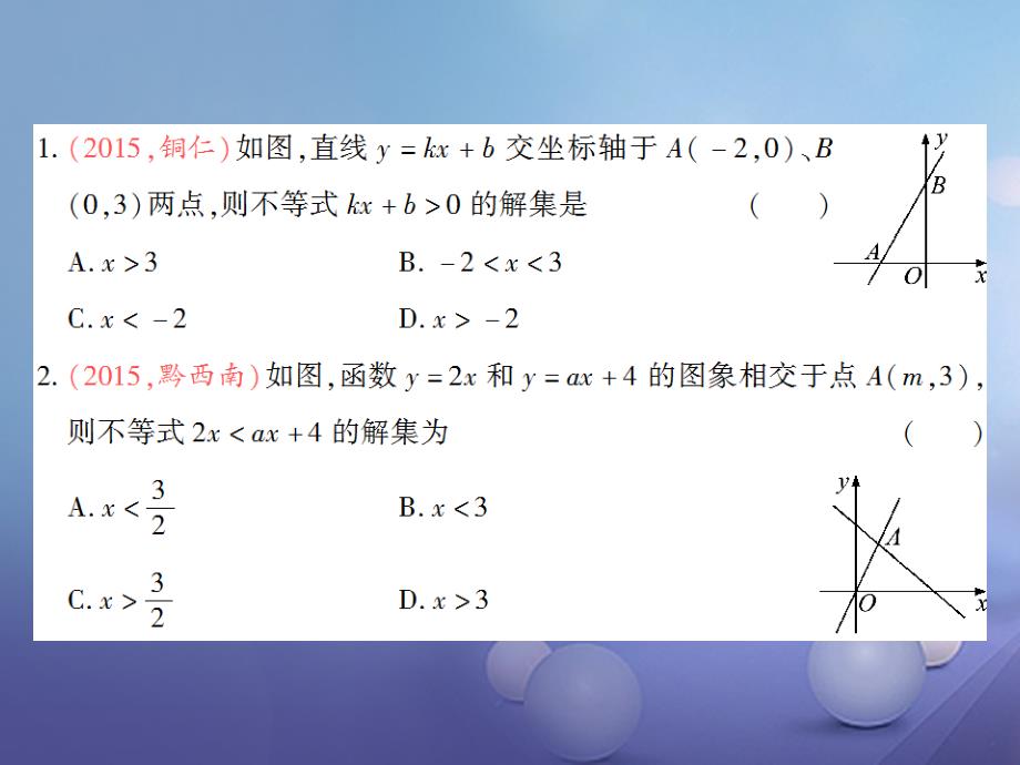 八年级数学下册 2.5 一元一次不等式与一次函数 第1课时 一元一次不等式与一次函数习题课件 （新版）北师大版_第2页