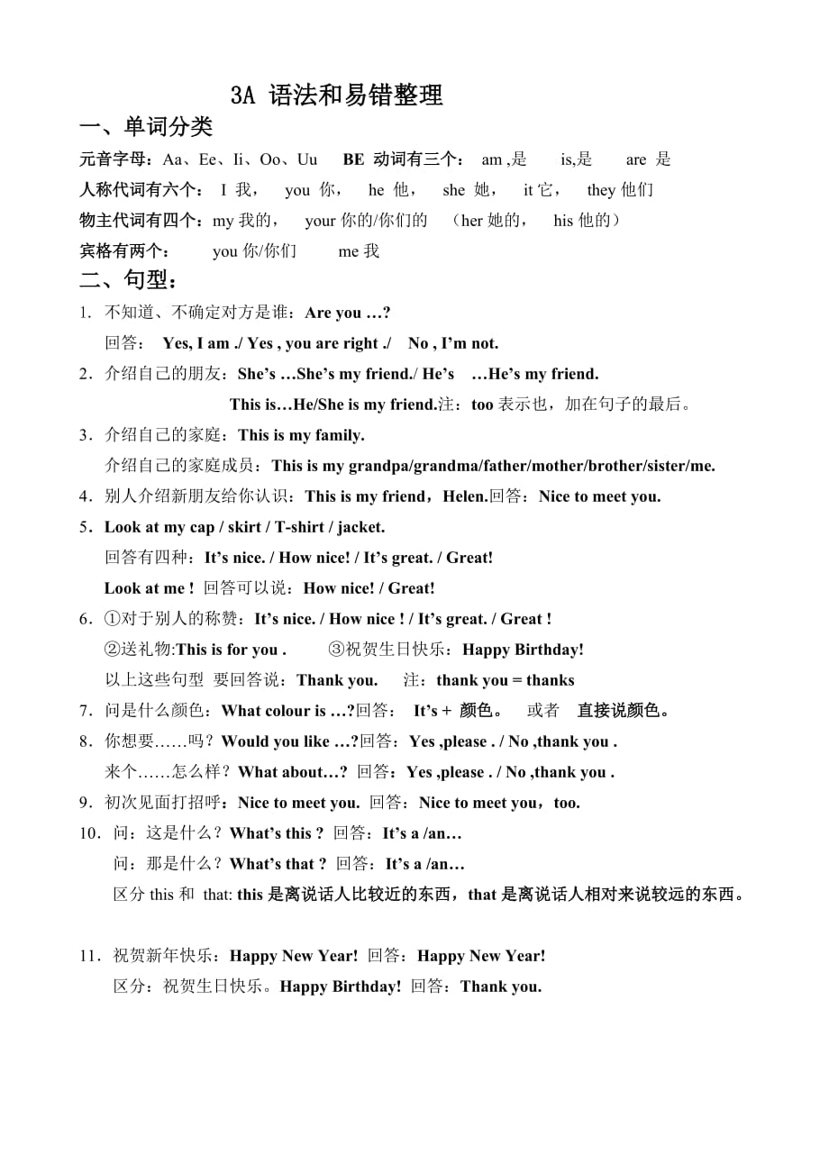 人教版3年级上学期英语语法和易错整理精品系列_第1页