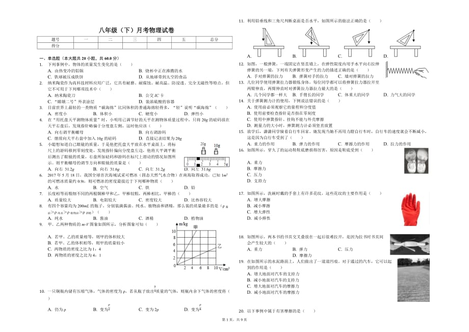 徐州市八年级（下）月考物理试卷（3月份）含答案_第1页