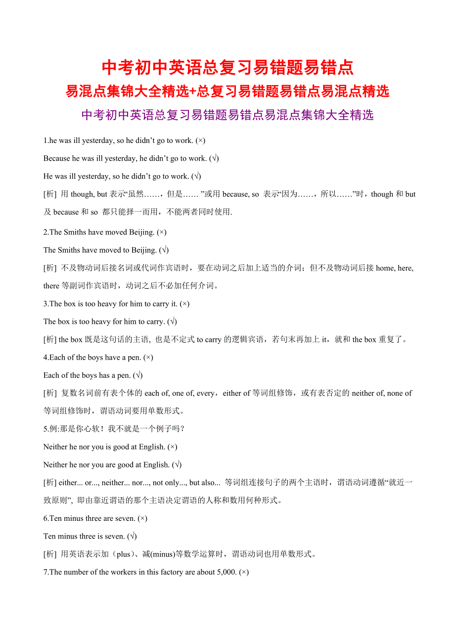 中考初中英语总复习易错题易错点易混点集锦大全精选+总复习易错题易错点易混点精选_第1页