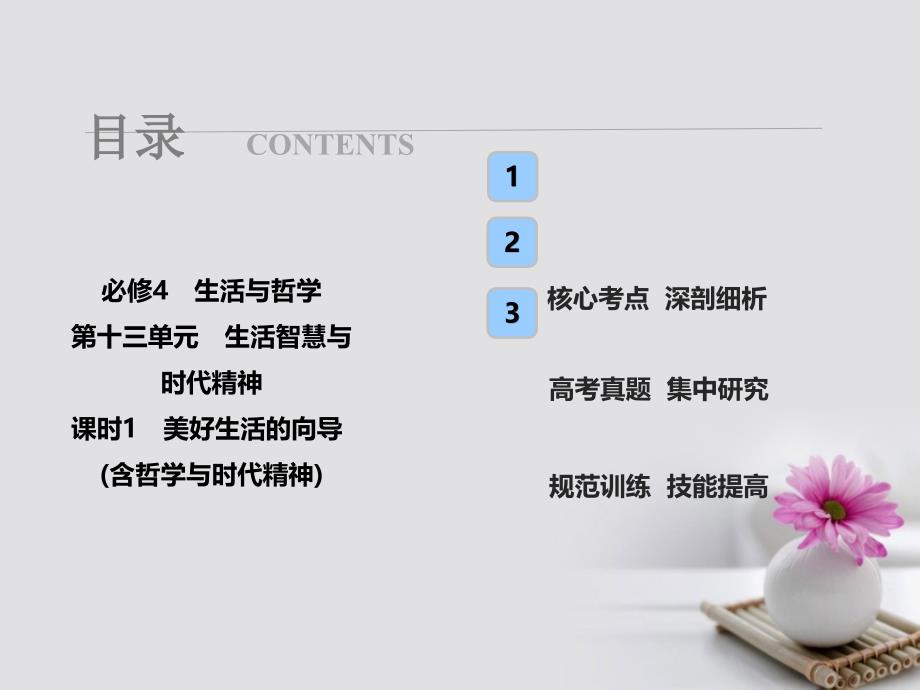 2018年高考政治总复习 第十三单元 生活智慧与时代精神 课时1 美好生活的向导（含哲学与时代精神）课件 新人教版必修4_第1页