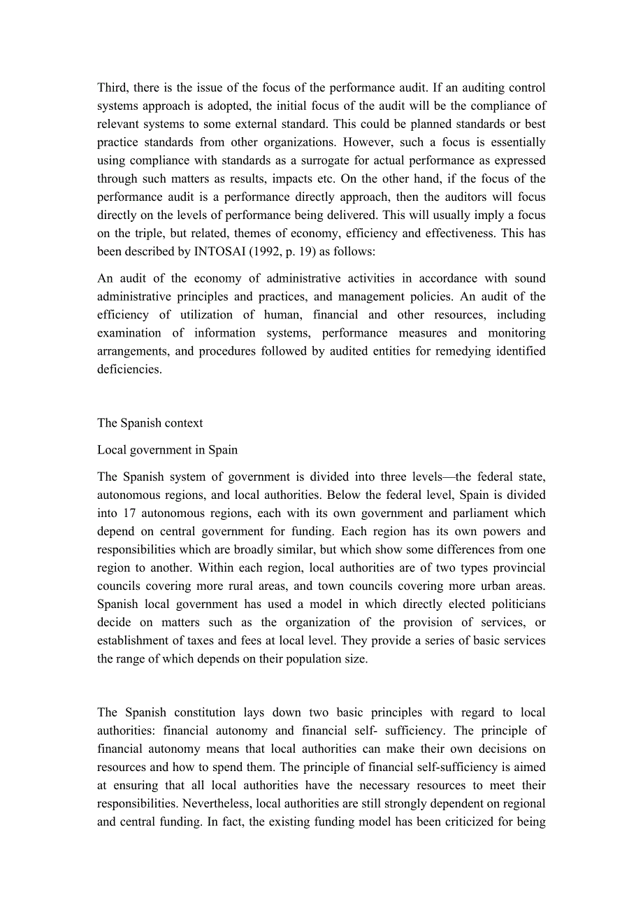 【精品文档 397关于政府公共部门绩效审计英文英语外文文献翻译成品：西班牙地方政府中的绩效审计：一种前瞻性的实证研究（中英文双语对照）_第4页