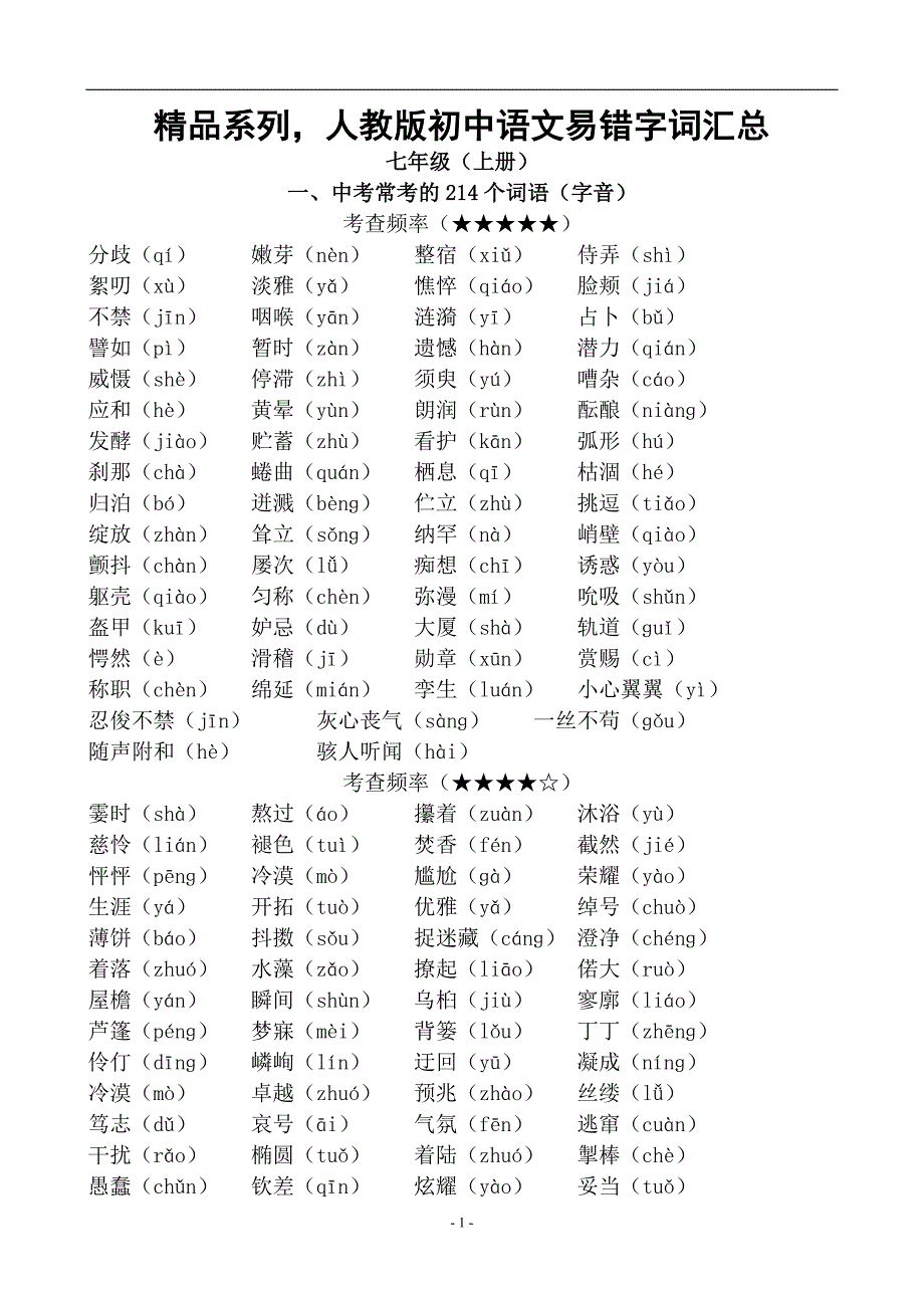 精品系列人教版初中语文易错字词汇总_第1页