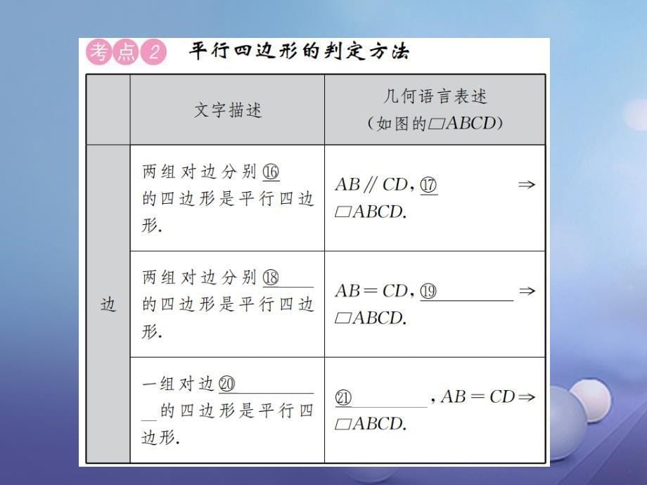 广西贵港市2017届中考数学总复习 第五单元 四边形 第20讲 平行四边形与多边形课件_第5页