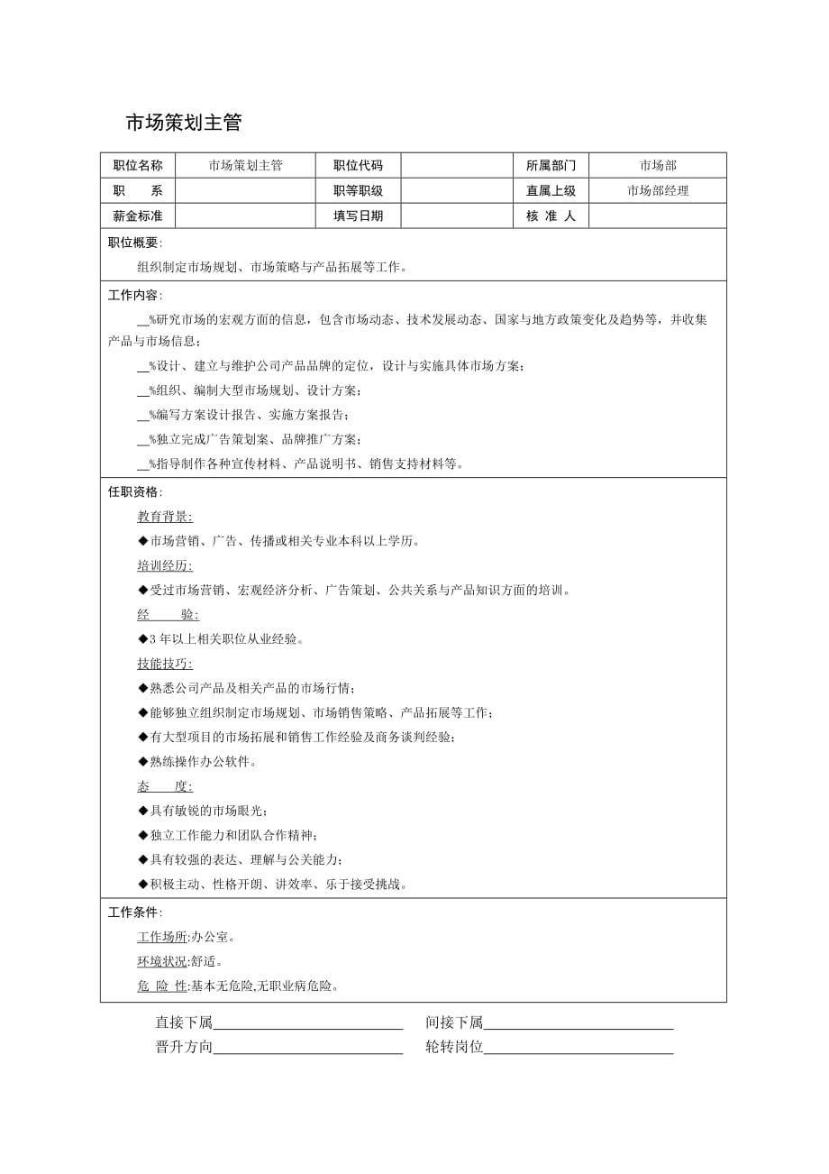 （营销策划）市场策划主管职位说明书_第1页