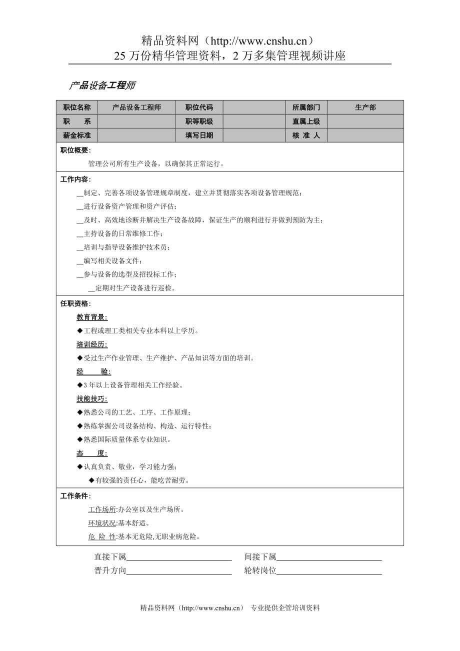 （产品管理）产品设备工程师岗位说明书(1)_第1页