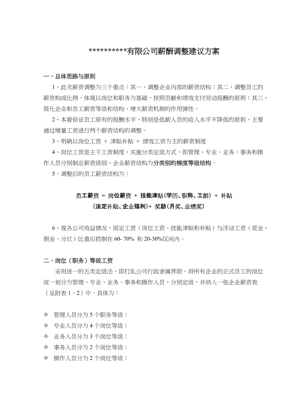 （薪酬管理）某有限公司薪酬调整建议方案(5)(1)_第1页