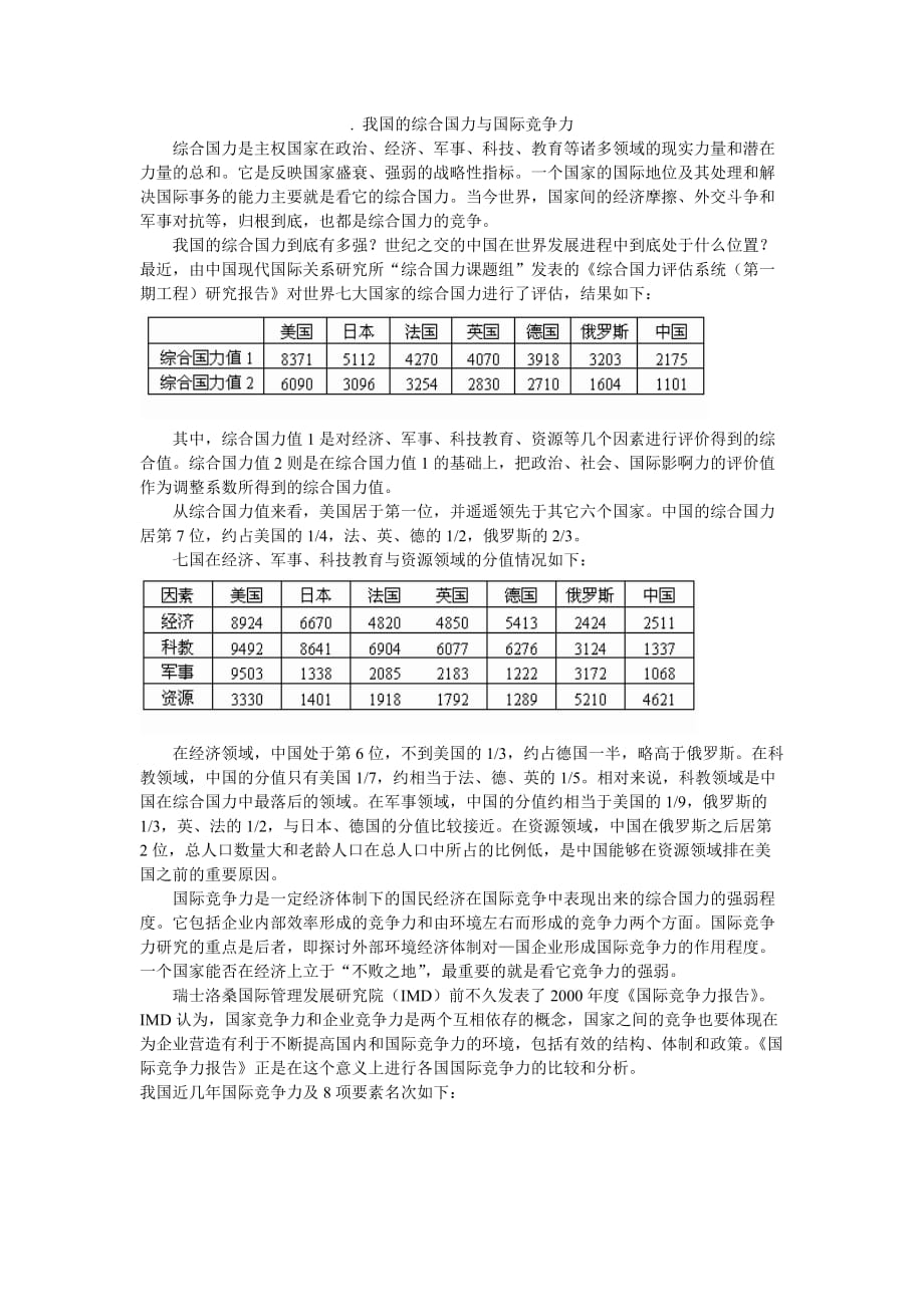 （职业经理培训）地理教案教学设计我国的综合国力与国际竞争力_第1页