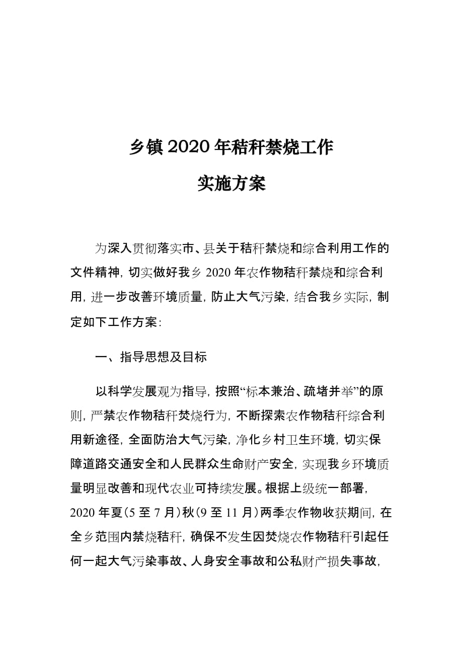 乡镇2020年秸秆禁烧工作实施_第1页