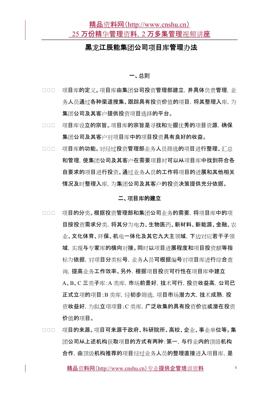 （管理制度）黑龙江辰能集团公司项目库管理办法_第1页