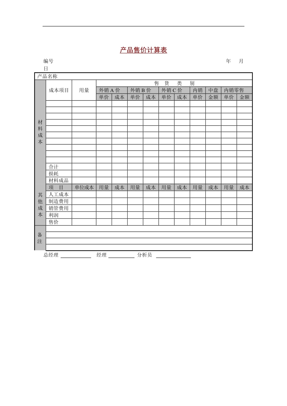 （产品管理）产品售价计算表(1)_第1页