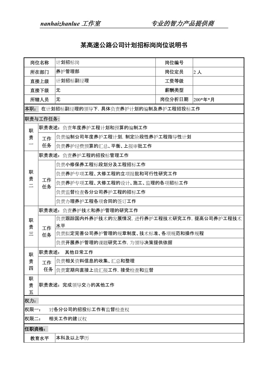 （招标投标）某高速公路公司计划招标岗岗位说明书_第1页