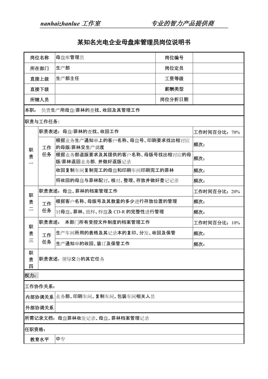 （管理知识）某知名光电企业母盘库管理员岗位说明书_第1页