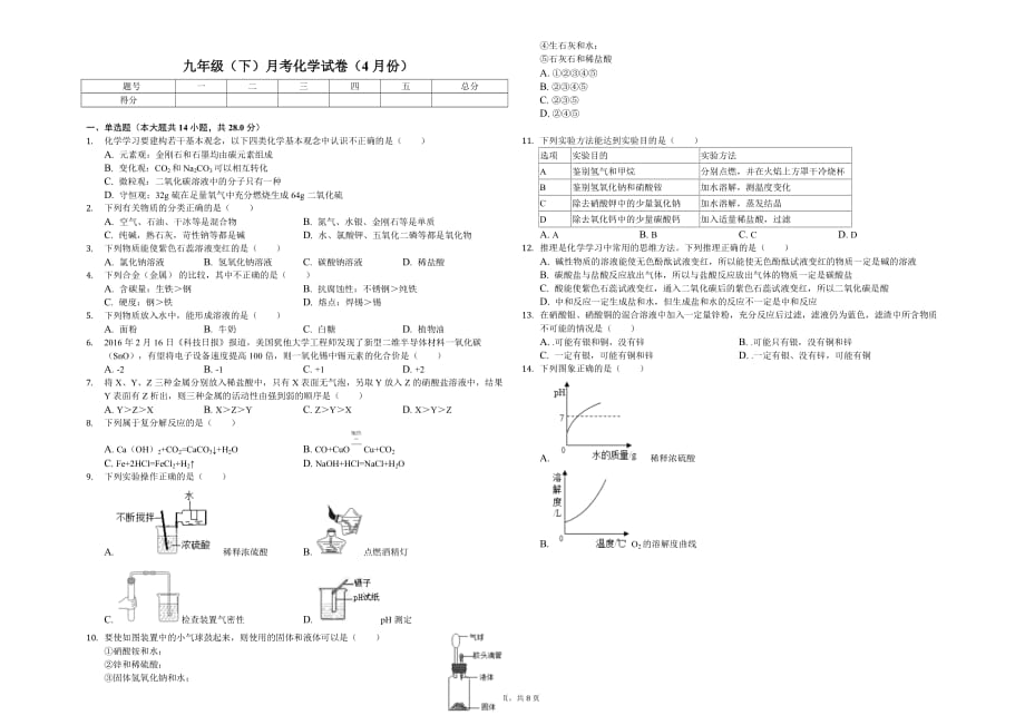 广州大学附属东江中学九年级（下）月考化学试卷（4月份）解析版_第1页