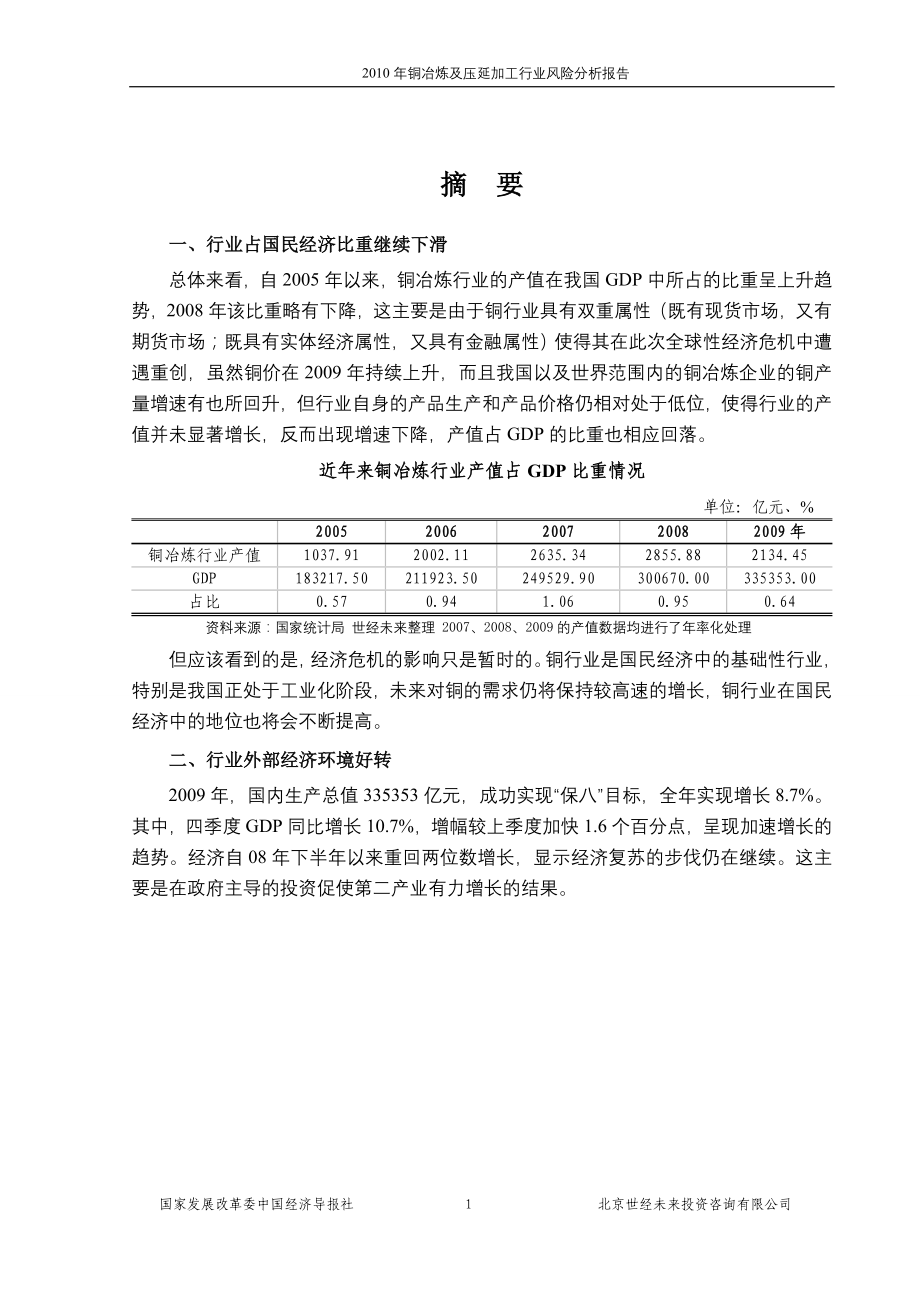 （行业分析）年铜冶炼及压延加工行业风险分析报告_第1页