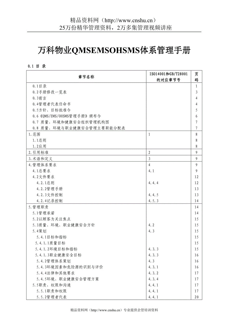 （企业管理手册）万科物业QMSEMSOHSMS体系管理手册_第1页