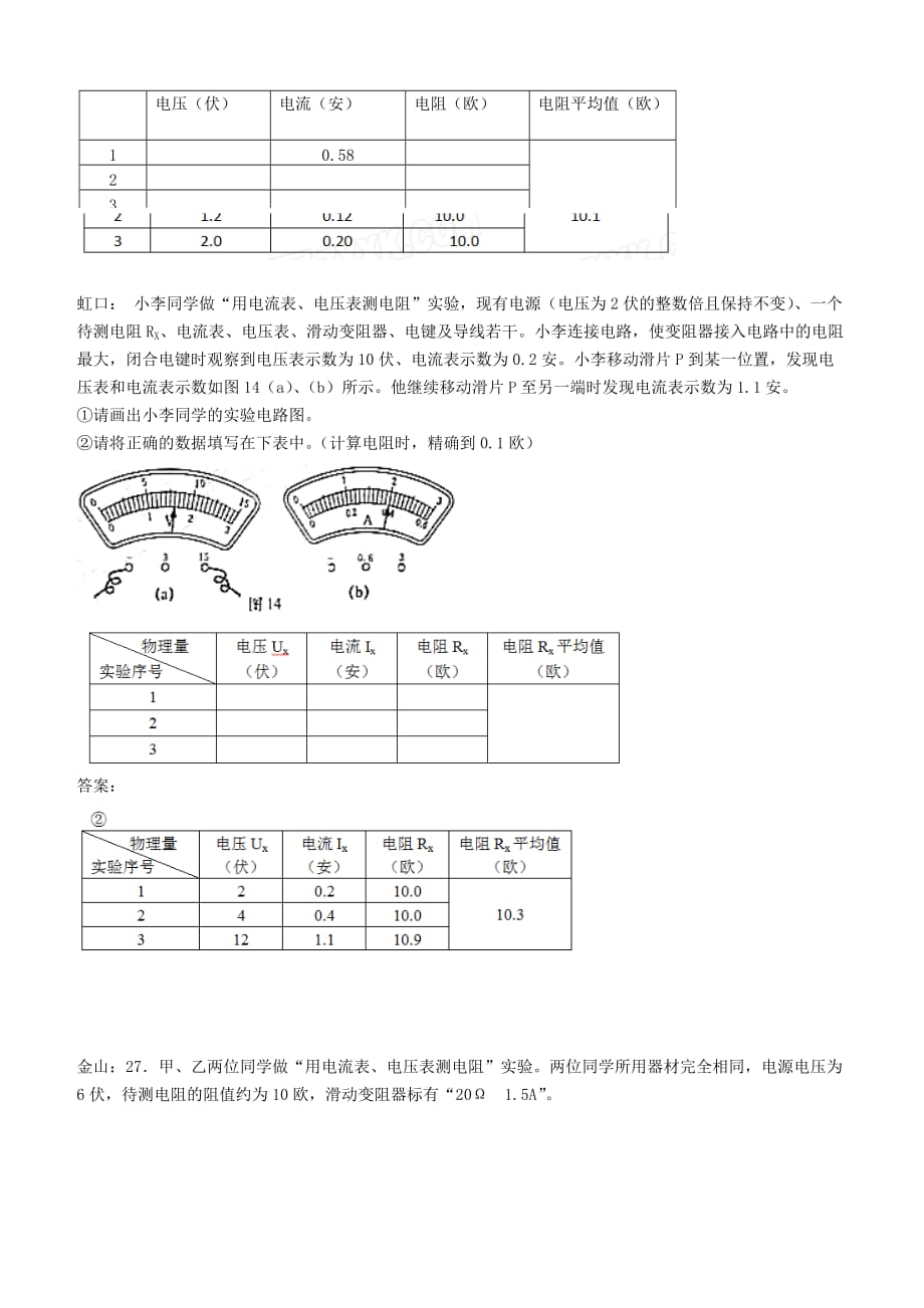 上海市各区2018届中考物理一模试卷按考点分类汇编测电阻实验【含答案】_第2页