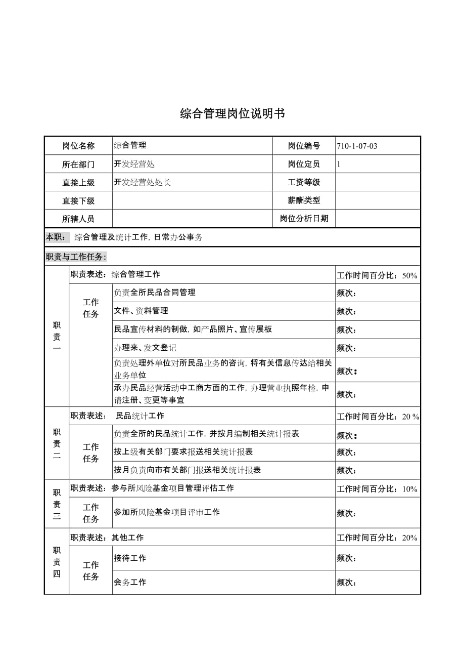 （金融保险）军工行业开发经营处综合管理岗位说明书_第1页