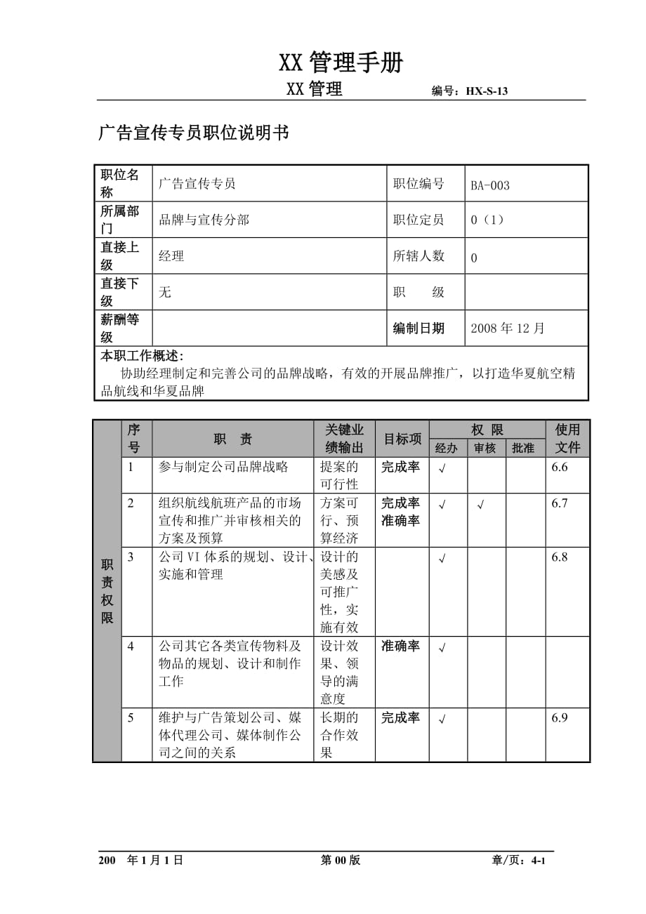 （物流管理）某航空物流公司广告宣传专员职位说明书及关键绩效标准_第1页