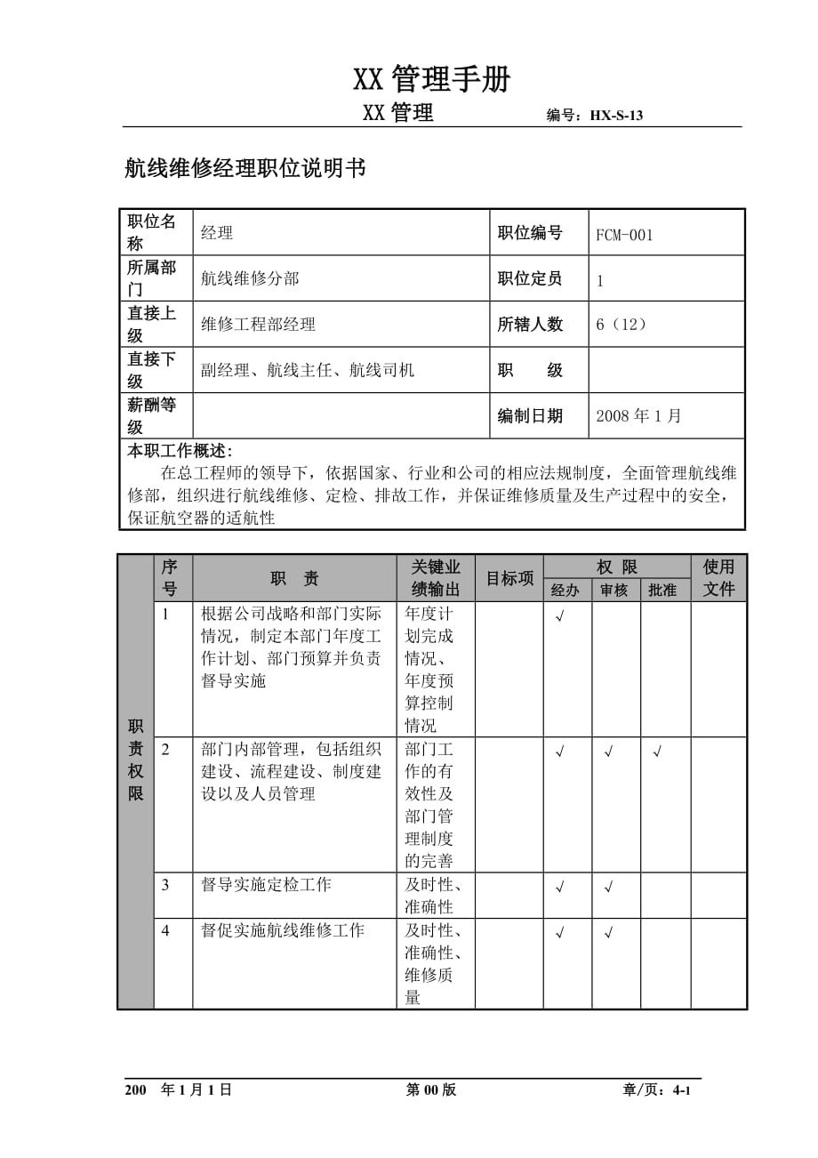 （物流管理）某航空物流公司航线维修经理职位说明书及关键绩效标准_第1页