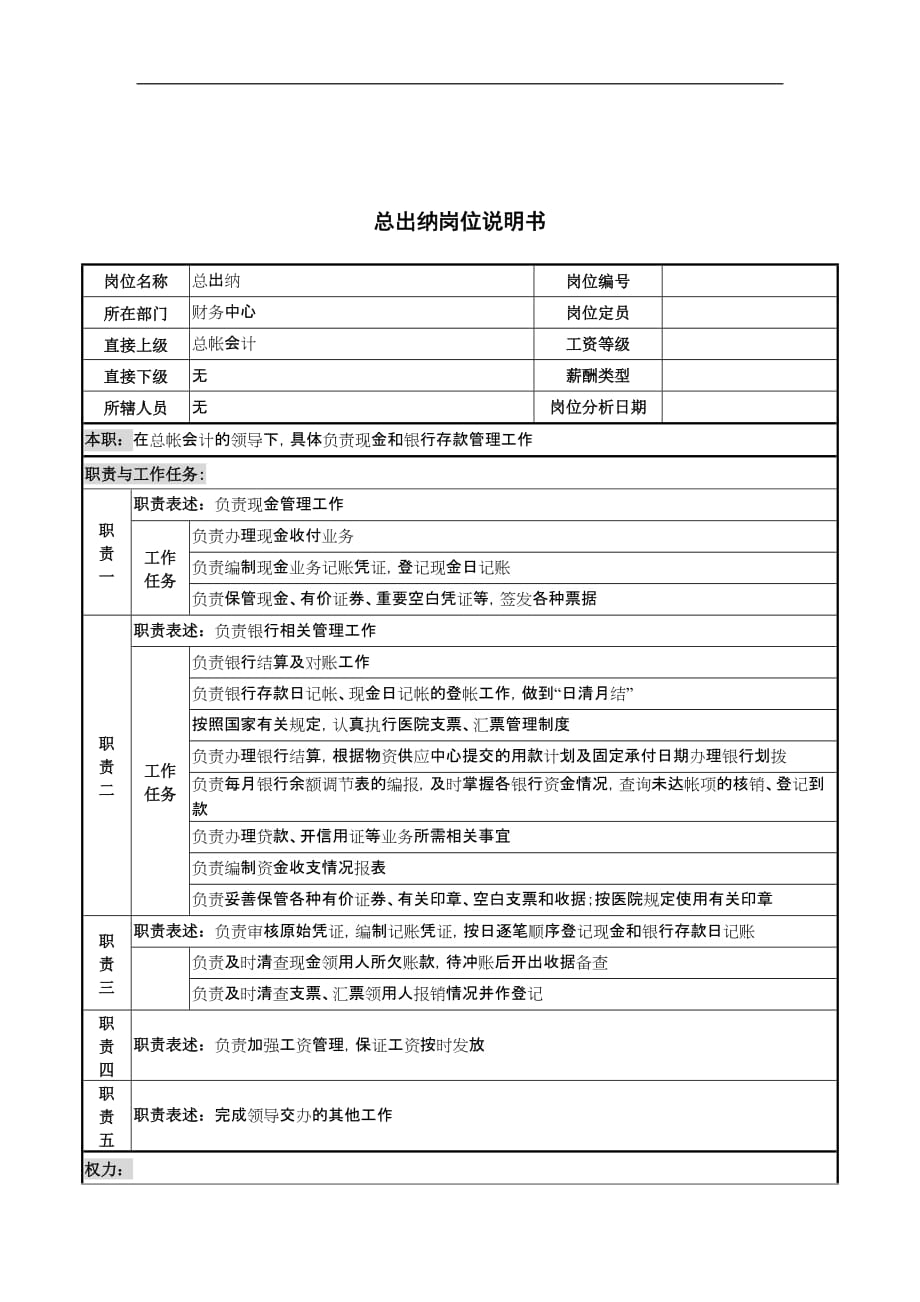 （财务出纳管理）总出纳岗位说明书_第1页