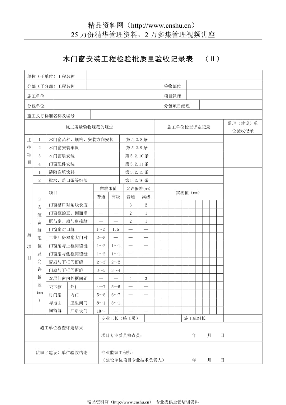 （质量管理套表）木门窗安装工程检验批质量验收记录表_第1页