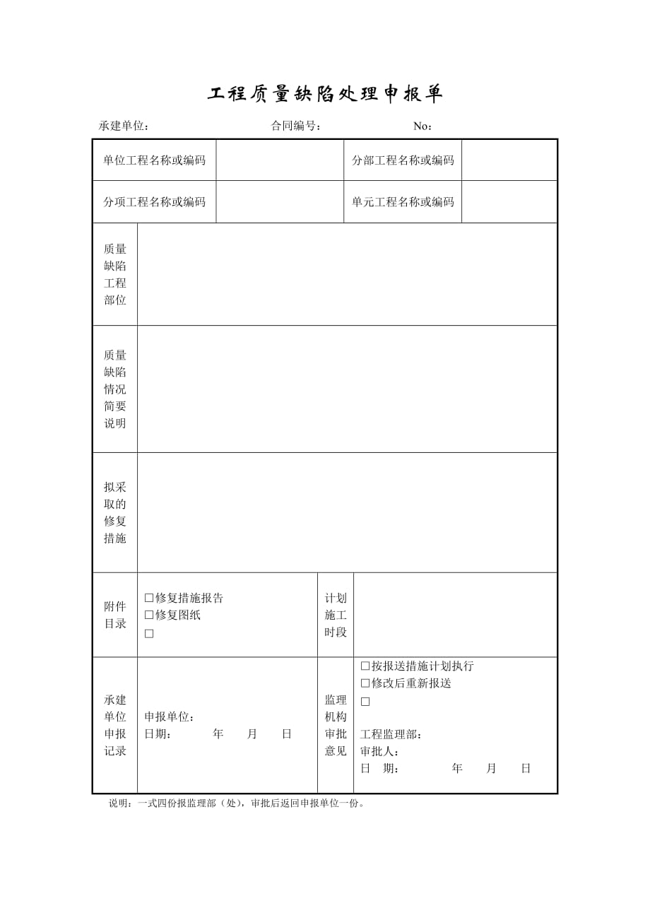 （建筑工程质量）成都某路桥公司施工文档之工程质量缺陷处理申报单_第1页