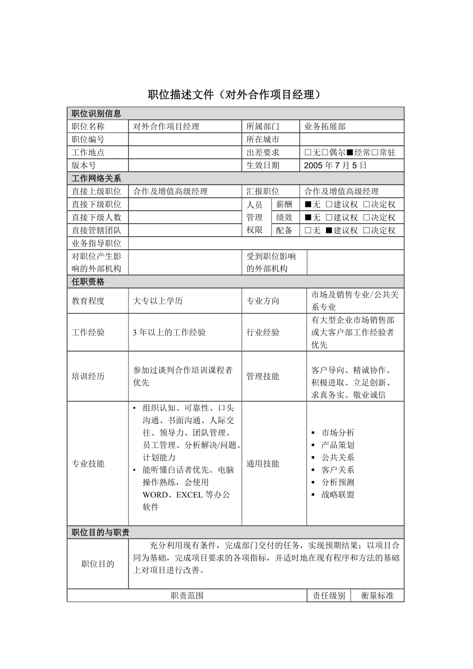 （项目管理）对外合作项目经理岗位说明书_第1页