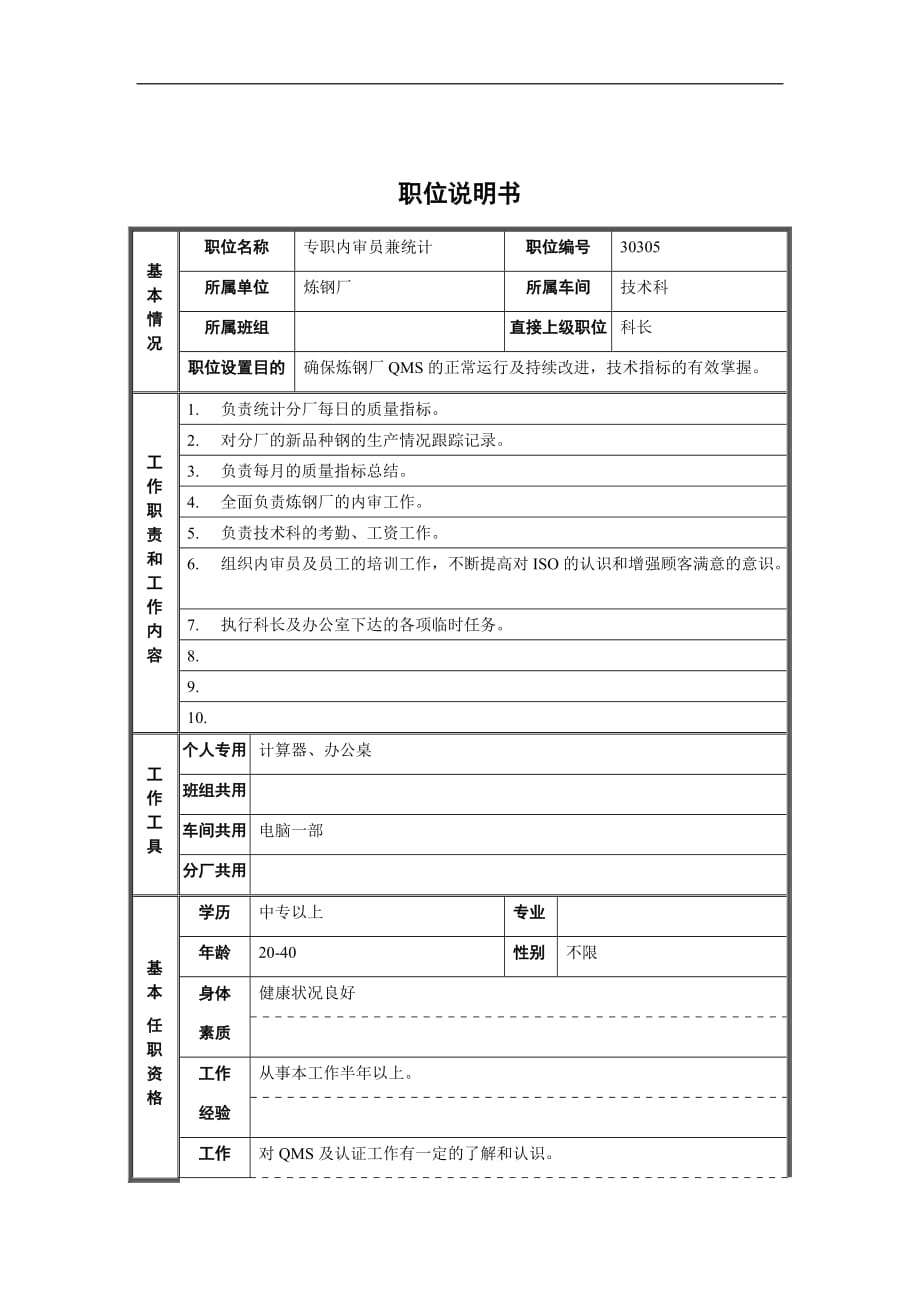 （财务内部审计）专职内审员兼统计职位说明书_第1页