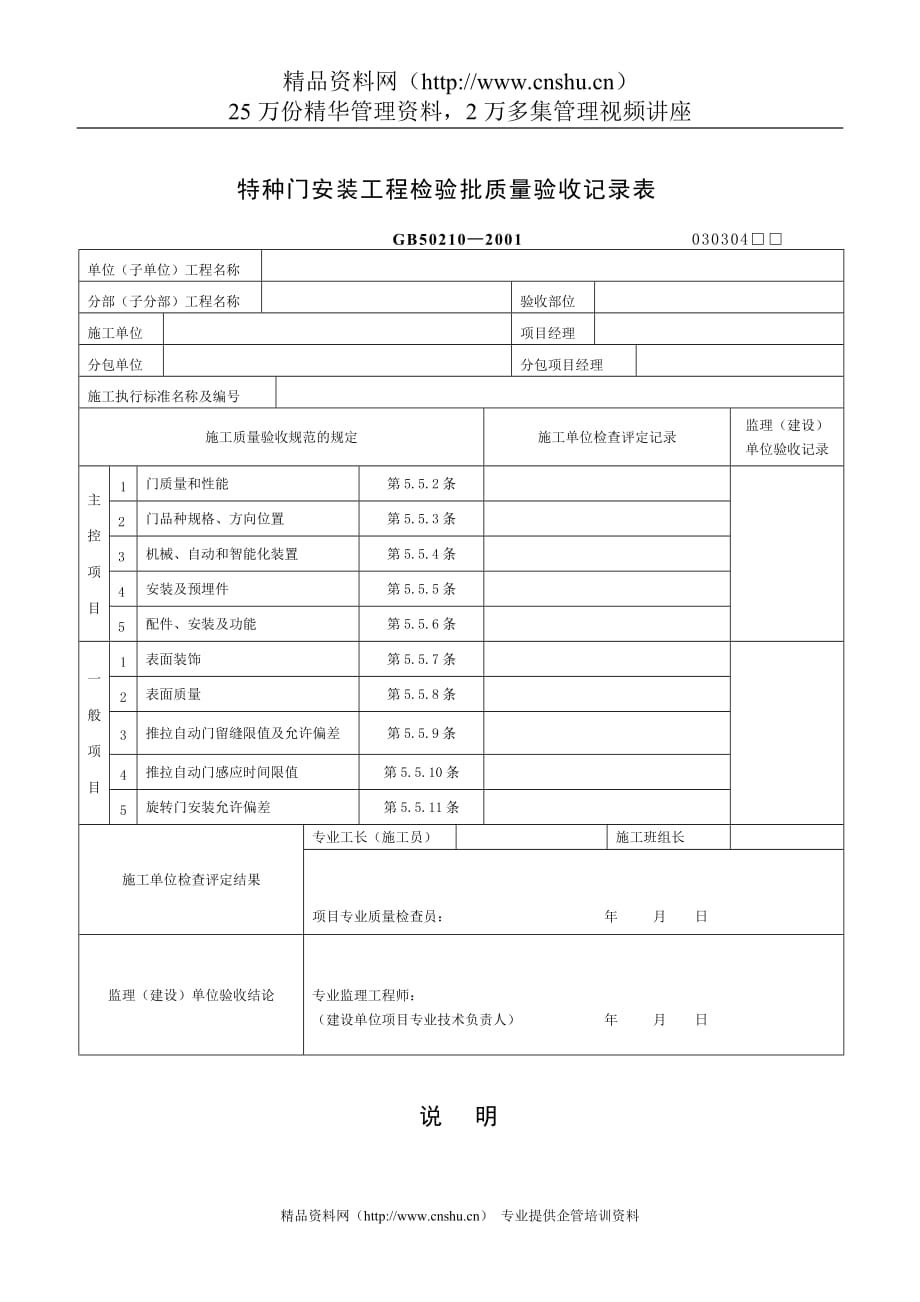 （质量管理套表）特种门安装工程检验批质量验收记录表_第1页