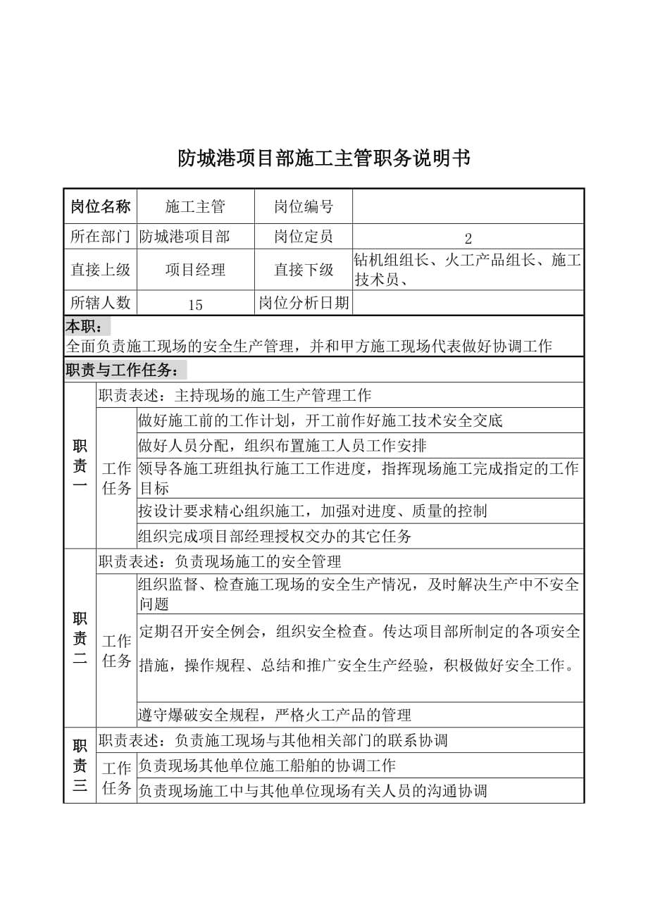 （项目管理）防城港项目部施工主管职务说明书_第1页