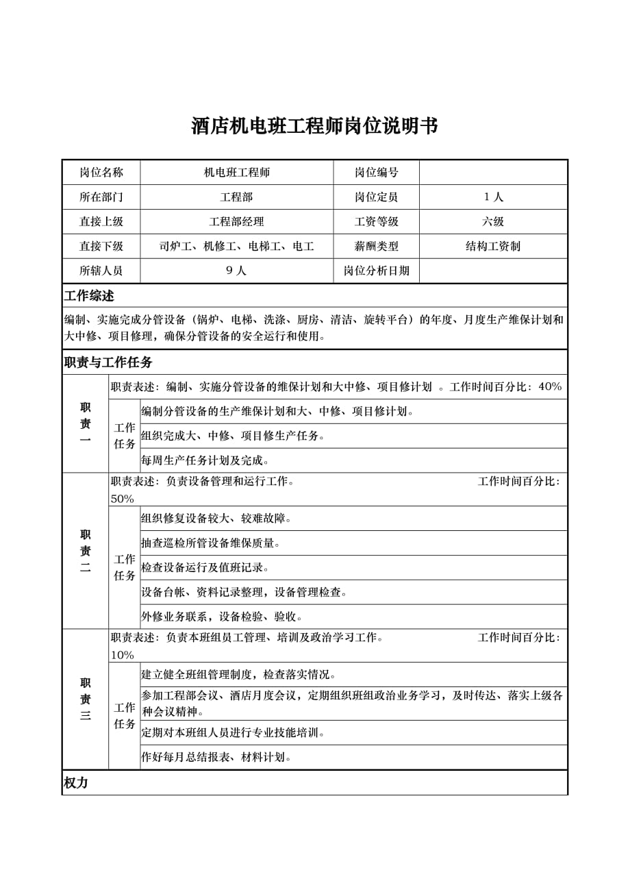 酒店机电班工程师岗位说明书_第1页