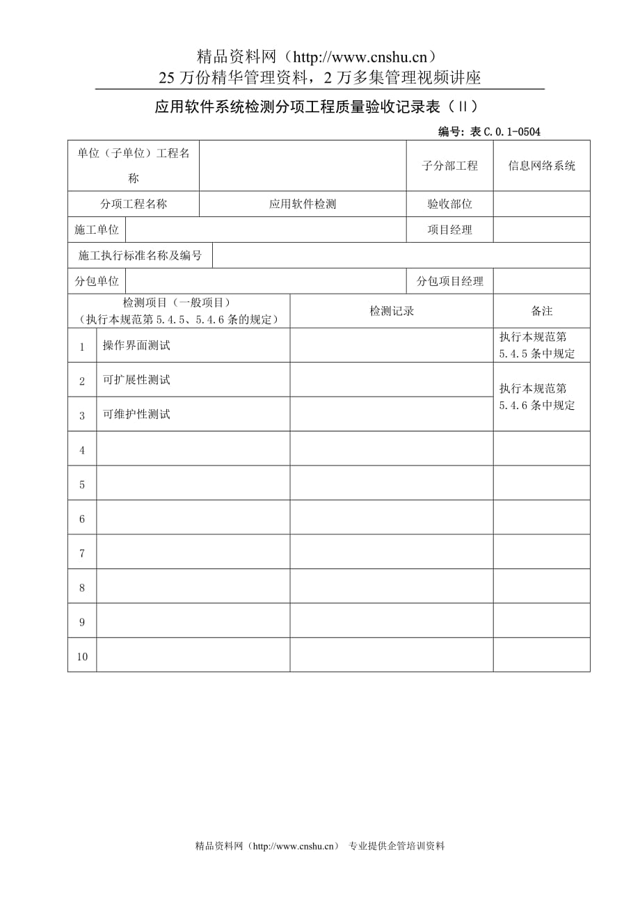 （质量管理套表）应用软件系统检测分项工程质量验收记录表_第1页