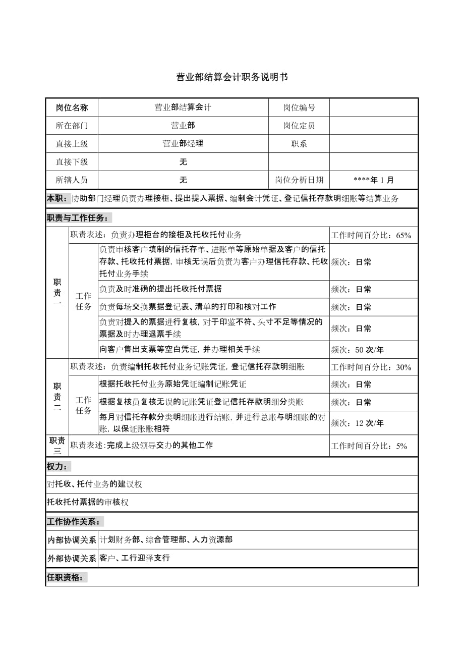 （财务会计）营业部结算会计职务说明书_第1页