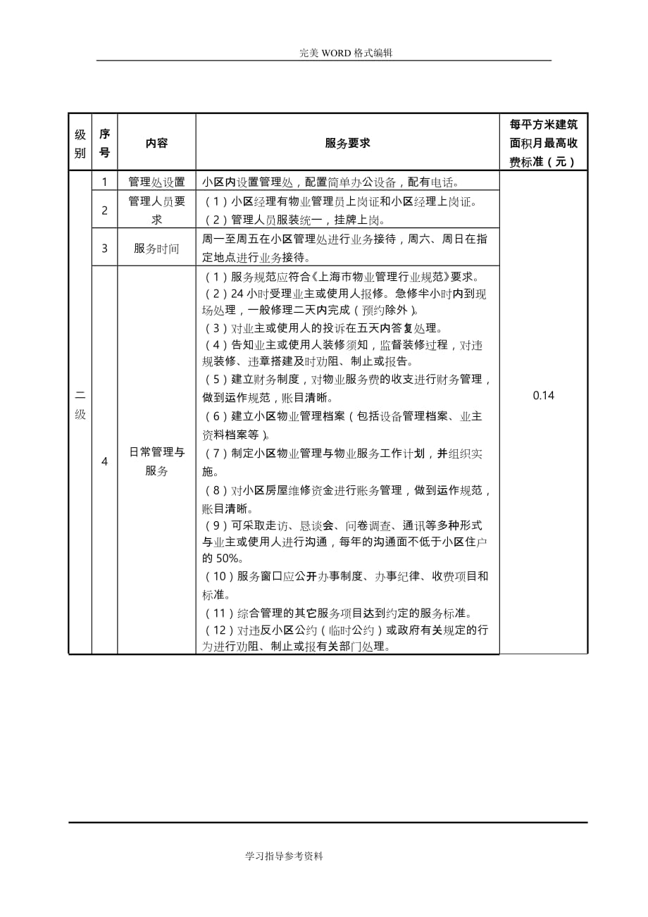 一、综合管理服务标准和收费标准表格_第2页