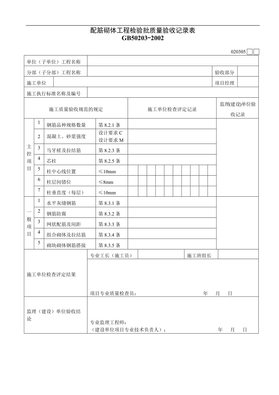 （质量管理套表）配筋砌体工程检验批质量验收记录表_第1页