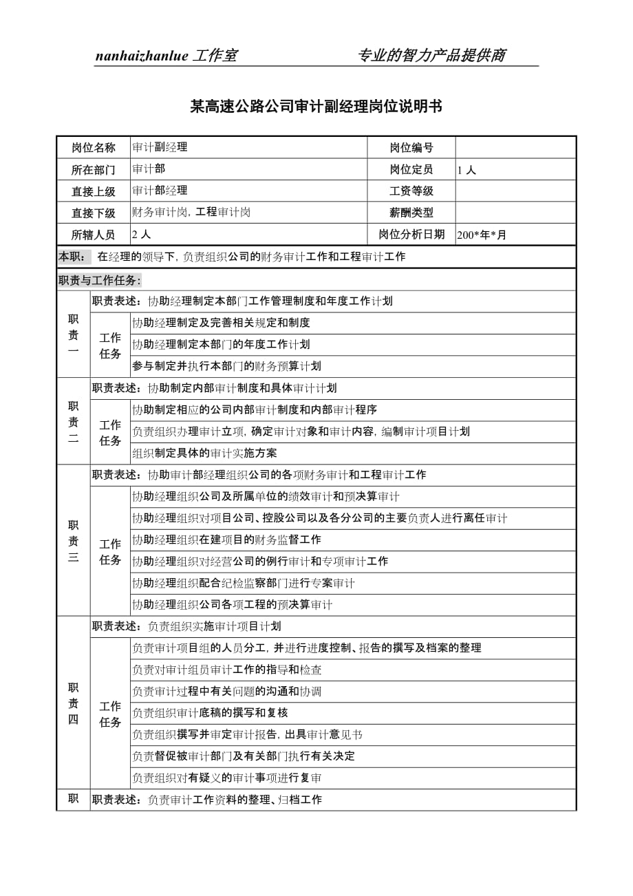 （财务内部审计）某高速公路公司审计副经理岗位说明书_第1页