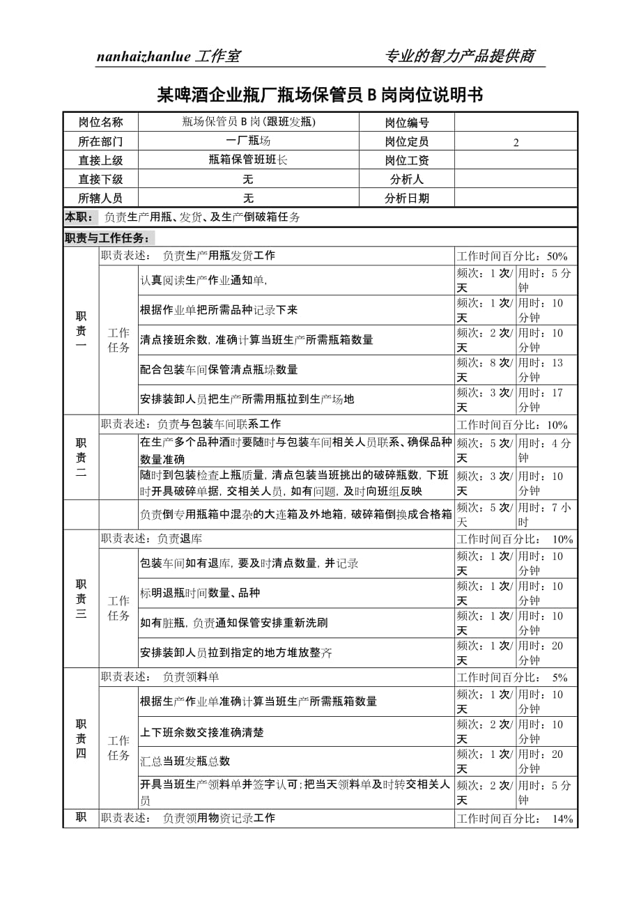 某啤酒企业瓶厂瓶场保管员岗岗位说明书_第1页